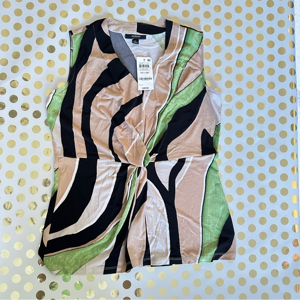 Alfani Multicolor Sleeveless Twist-Front Blouse (Beige, Black, Green)